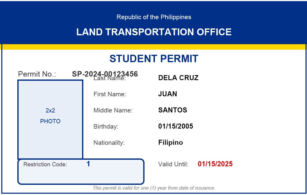 LTO Student Permit Sample Front side