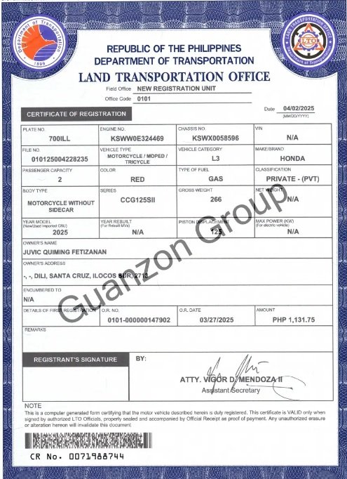 LTO Certificate of Registration (CR) Sample