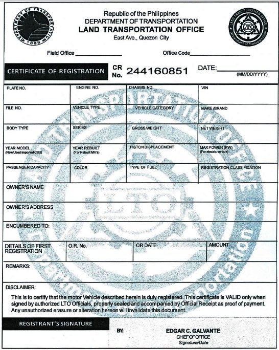 LTO Certificate of Registration (CR) Sample